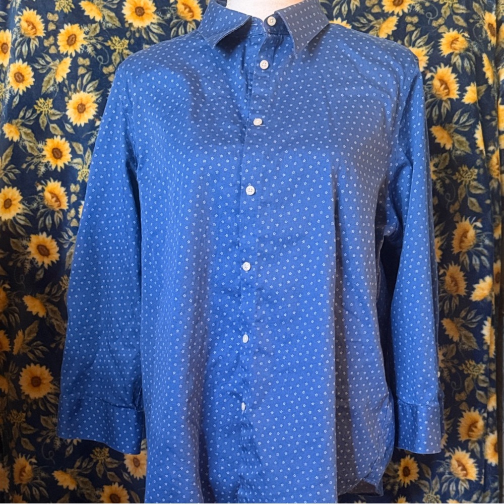 Chaps Women's Blue Button Down Shirt with White Dots